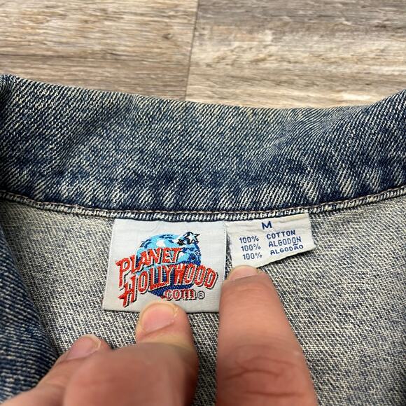 Vintage 90s Planet Hollywood Myrtle Beach Blue Mens M Trucker Denim Jean Jacket - Picture 3 of 9